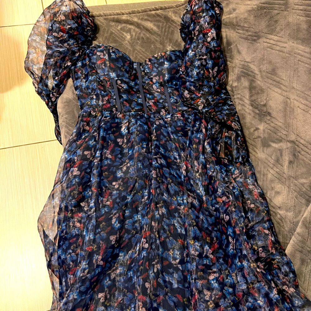 Puffed sleeve blue butterfly dress